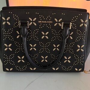 Michael Kors Black Saffiano Studded Floral Satchel with Gold Accents